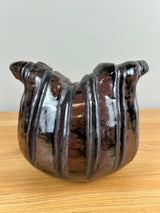 John Glick & George Ohr Style Brown Crushed Rim Fluted Studio Pottery Vase