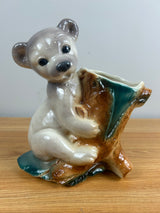 Royal Copley Vintage Ceramic White Bear Cub on Tree Planter Vase 1950's Large