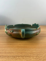 Roseville Art Pottery Green Brown, White Rose Handled Bowl 389-6"