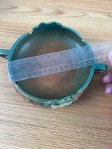 Roseville Art Pottery Green Brown, White Rose Handled Bowl 389-6"