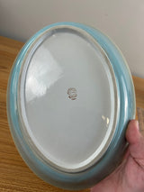 CARILLON POTTERY CERAMIC BASKET 1940'S HANDLE LT BLUE DRIP DISH EMBOSSED FRUIT