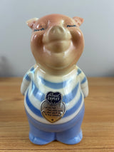 ROYAL COPLEY 1950's ART POTTERY 5" PINK PIGGY BANK Blue Shirt & FOIL STICKERS