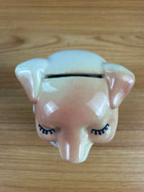 ROYAL COPLEY 1950's ART POTTERY 5" PINK PIGGY BANK Blue Shirt & FOIL STICKERS