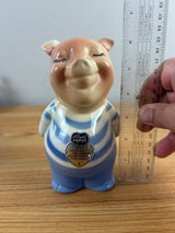 ROYAL COPLEY 1950's ART POTTERY 5" PINK PIGGY BANK Blue Shirt & FOIL STICKERS