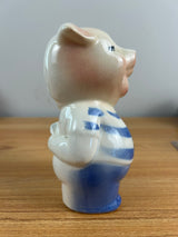 ROYAL COPLEY 1950's ART POTTERY 5" PINK PIGGY BANK Blue Shirt & FOIL STICKER