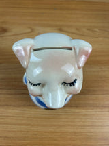 ROYAL COPLEY 1950's ART POTTERY 5" PINK PIGGY BANK Blue Shirt & FOIL STICKER