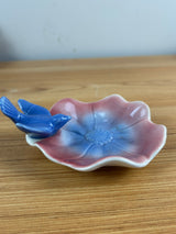 Royal Copely Vintage Art Pottery Blue Bird On Pink Lotus Flower Trinket Dish