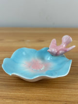 Royal Copley Vtg Pink Bird On Blue Pink Leaf Trinket Vanity Dresser Dish