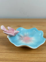 Royal Copley Vtg Pink Bird On Blue Pink Leaf Trinket Vanity Dresser Dish