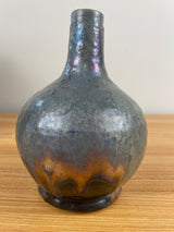 Pewabic Pottery Green Blue Glaze With Iridescent Gold Purple Drip Bottle Vase