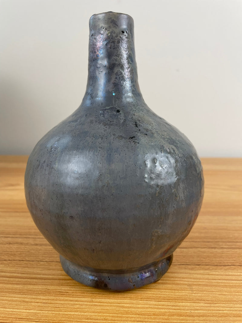 Pewabic Pottery Green Blue Glaze With Iridescent Gold Purple Drip Bottle Vase