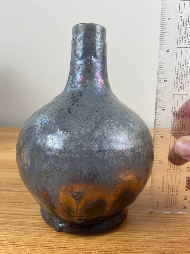 Pewabic Pottery Green Blue Glaze With Iridescent Gold Purple Drip Bottle Vase