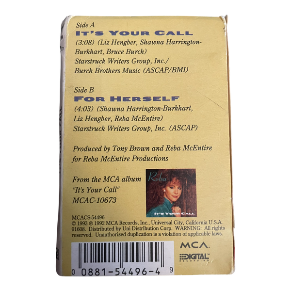 1992 Reba McEntire It's Your Call Cassette Single 2 Songs