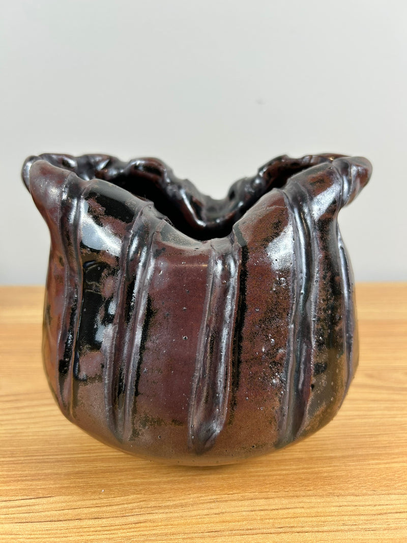 John Glick & George Ohr Style Brown Crushed Rim Fluted Studio Pottery Vase