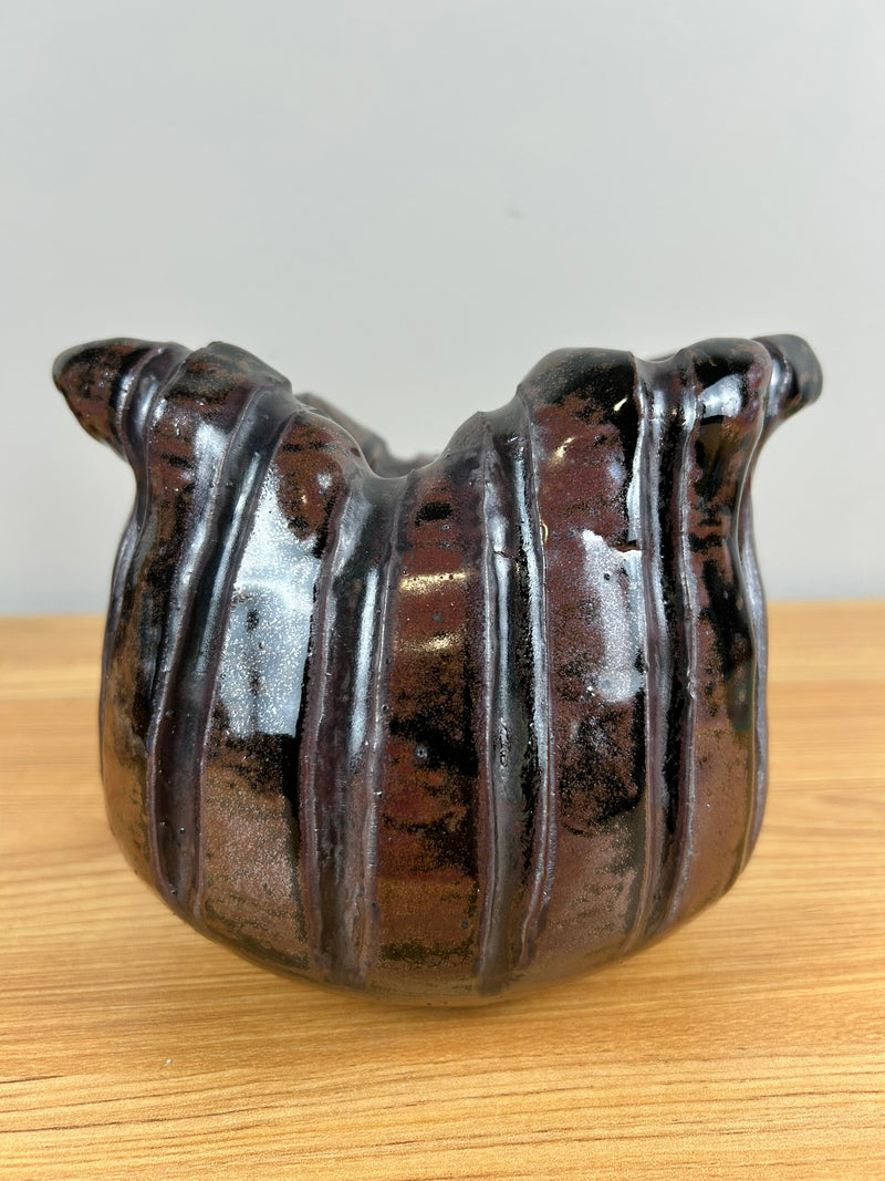 John Glick & George Ohr Style Brown Crushed Rim Fluted Studio Pottery Vase