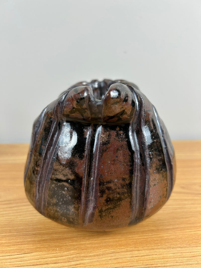 John Glick & George Ohr Style Brown Crushed Rim Fluted Studio Pottery Vase