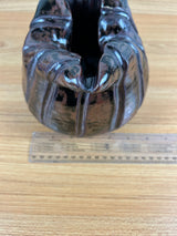 John Glick & George Ohr Style Brown Crushed Rim Fluted Studio Pottery Vase