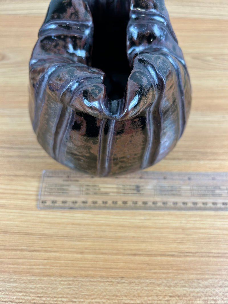 John Glick & George Ohr Style Brown Crushed Rim Fluted Studio Pottery Vase