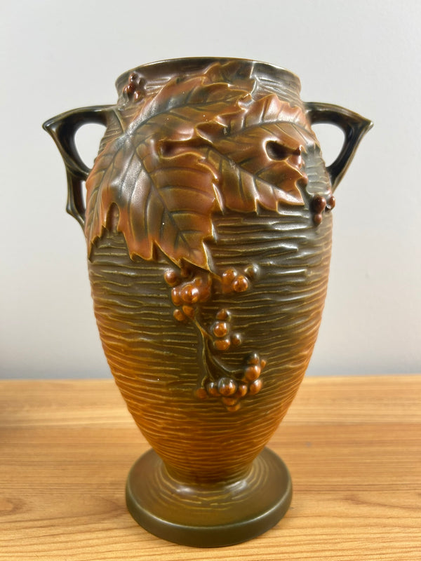 Roseville Art Pottery Russet Bushberry Leaf & Berry Double Handle Vase 35-9”