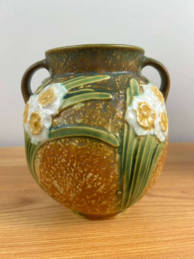 Vintage 1931 Roseville Jonquil Art and Crafts Brown Pottery Ceramic Vase 6.25"