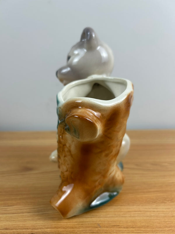 Royal Copley Vintage Ceramic White Bear Cub on Tree Planter Vase 1950's Large