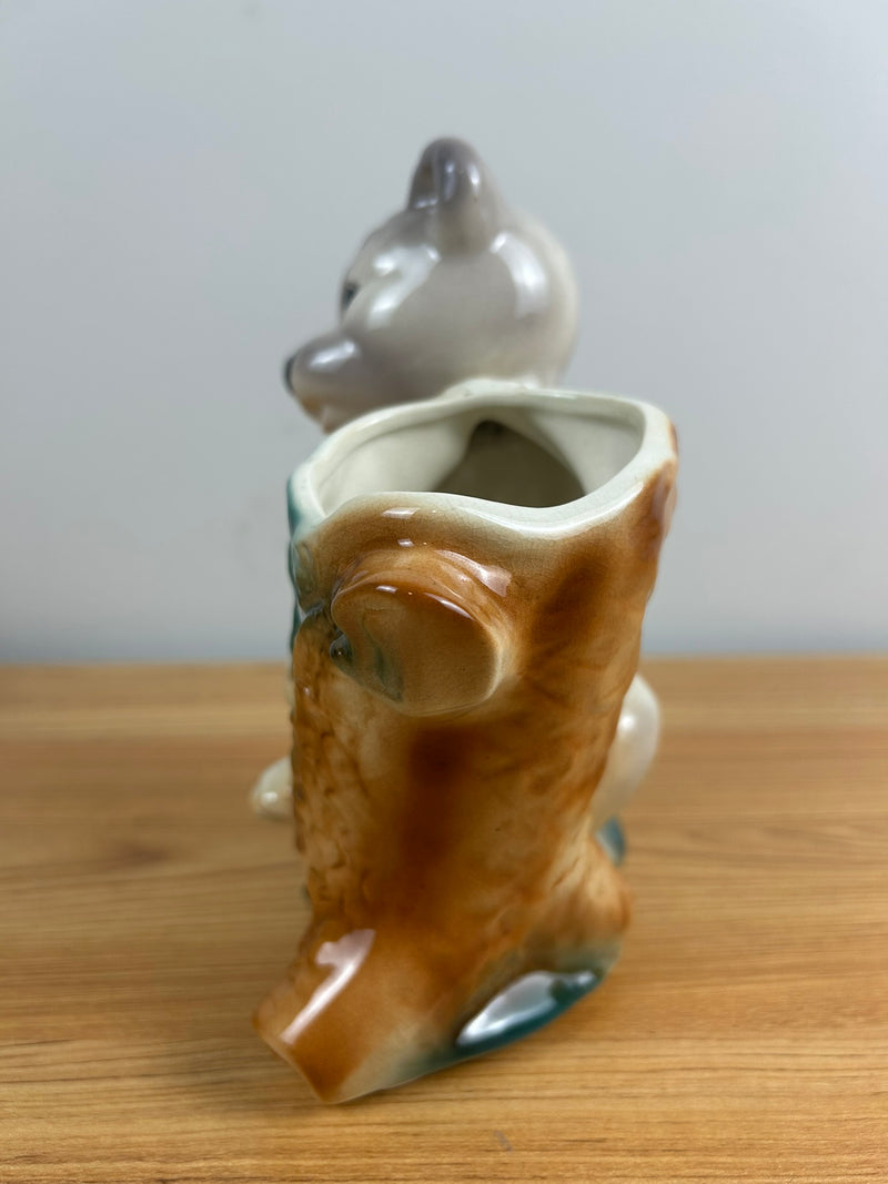 Royal Copley Vintage Ceramic White Bear Cub on Tree Planter Vase 1950's Large