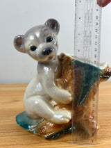 Royal Copley Vintage Ceramic White Bear Cub on Tree Planter Vase 1950's Large
