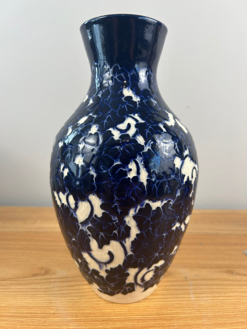 Ken Tracy Studio 2024 Art Deco Pottery Hand Made Scenic Blue White Ceramic Vase