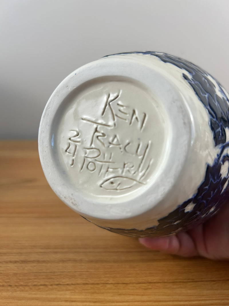 Ken Tracy Studio 2024 Art Deco Pottery Hand Made Scenic Blue White Ceramic Vase