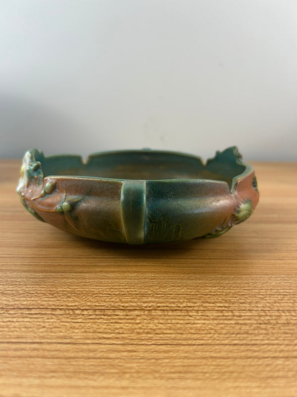 Roseville Art Pottery Green Brown, White Rose Handled Bowl 389-6"