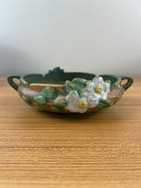 Roseville Art Pottery Green Brown, White Rose Handled Bowl 389-6"