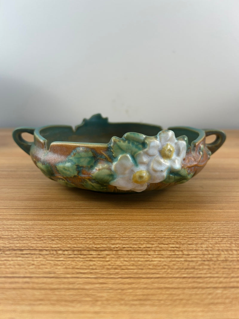 Roseville Art Pottery Green Brown, White Rose Handled Bowl 389-6"