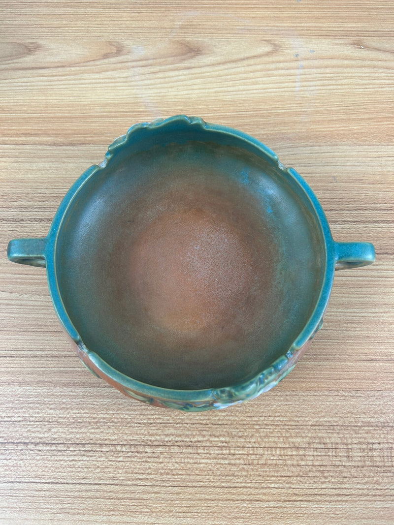 Roseville Art Pottery Green Brown, White Rose Handled Bowl 389-6"