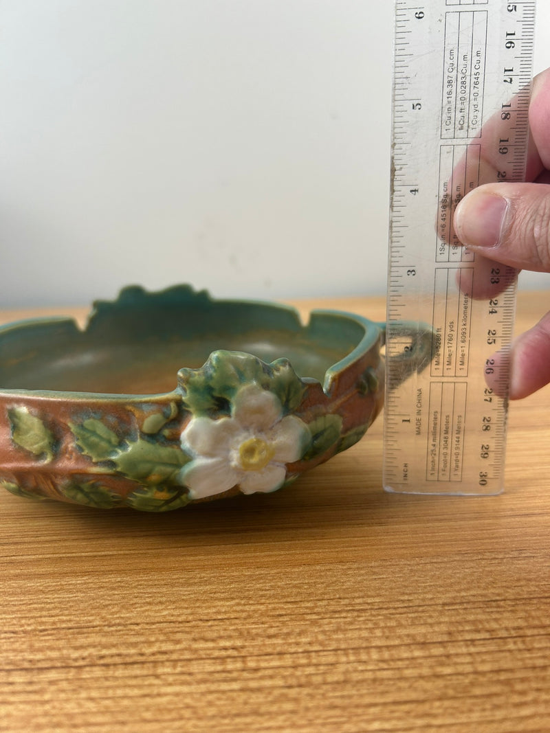 Roseville Art Pottery Green Brown, White Rose Handled Bowl 389-6"