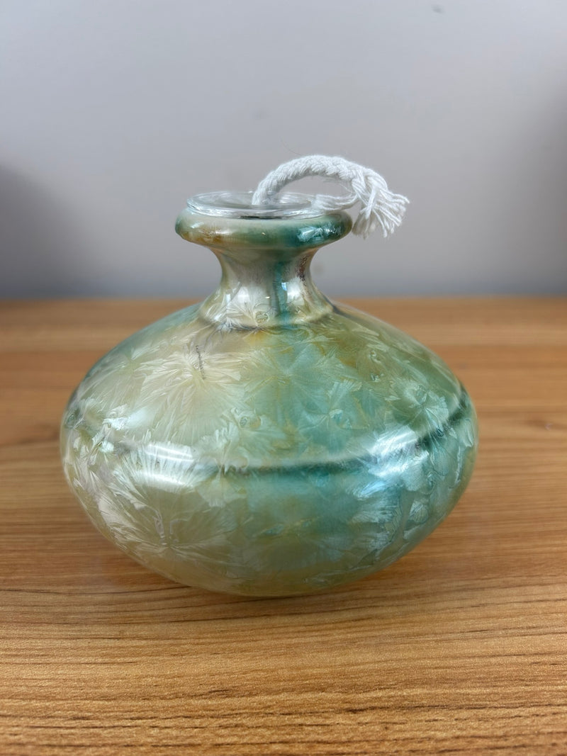 Kent Follett Art Pottery Signed  4" Oil Vase Crystaline Glaze Blue Brown