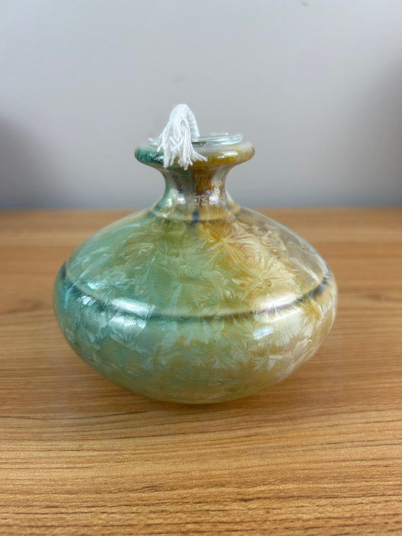 Kent Follett Art Pottery Signed  4" Oil Vase Crystaline Glaze Blue Brown