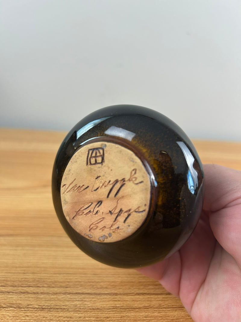 Van Briggle Vintage MCM Bud Vase Glossy Black/ Blue White Drip Overglaze