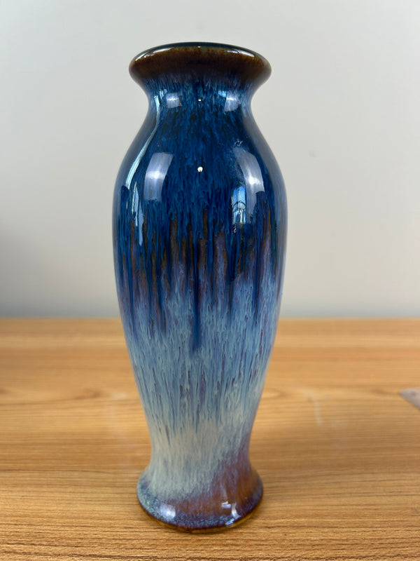 Bill Campbell Art Pottery Bud Vase 7 1/2 in T Blue & Purple Drip Glaze Signed