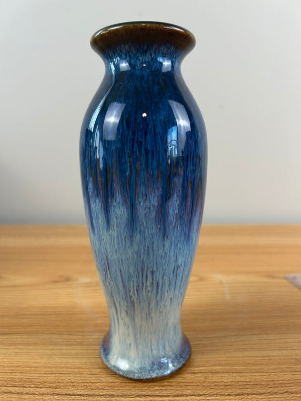 Bill Campbell Art Pottery Bud Vase 7 1/2 in T Blue & Purple Drip Glaze Signed