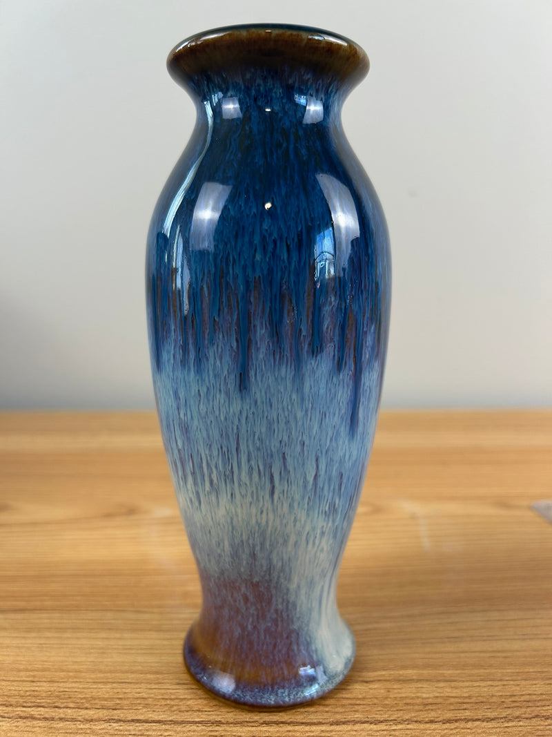 Bill Campbell Art Pottery Bud Vase 7 1/2 in T Blue & Purple Drip Glaze Signed