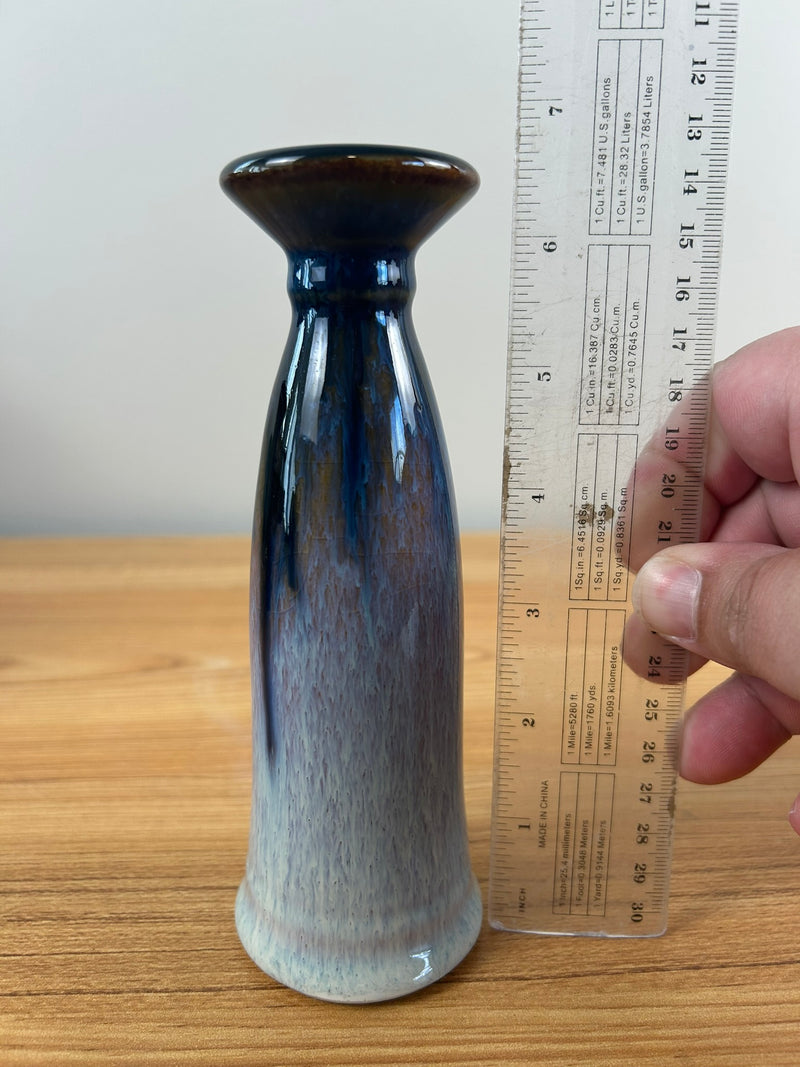 Bill Campbell Art Pottery Bud Vase 6 1/2 in T Blue & Purple Drip Glaze Signed