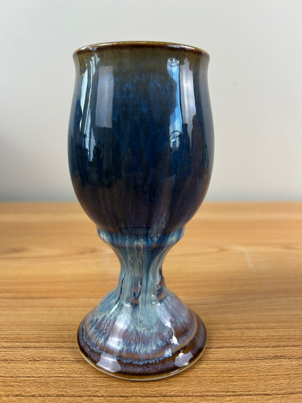 Bill Campbell Art Pottery Chalice Vase 6" Tall Blue & Purple Drip Glaze Signed