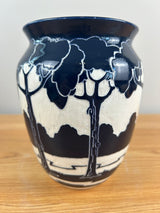 Ken Tracy Studio 2020 Art Deco Pottery Hand Made Scenic Blue White Ceramic Vase