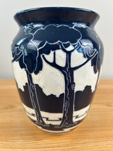 Ken Tracy Studio 2020 Art Deco Pottery Hand Made Scenic Blue White Ceramic Vase