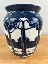 Ken Tracy Studio 2020 Art Deco Pottery Hand Made Scenic Blue White Ceramic Vase