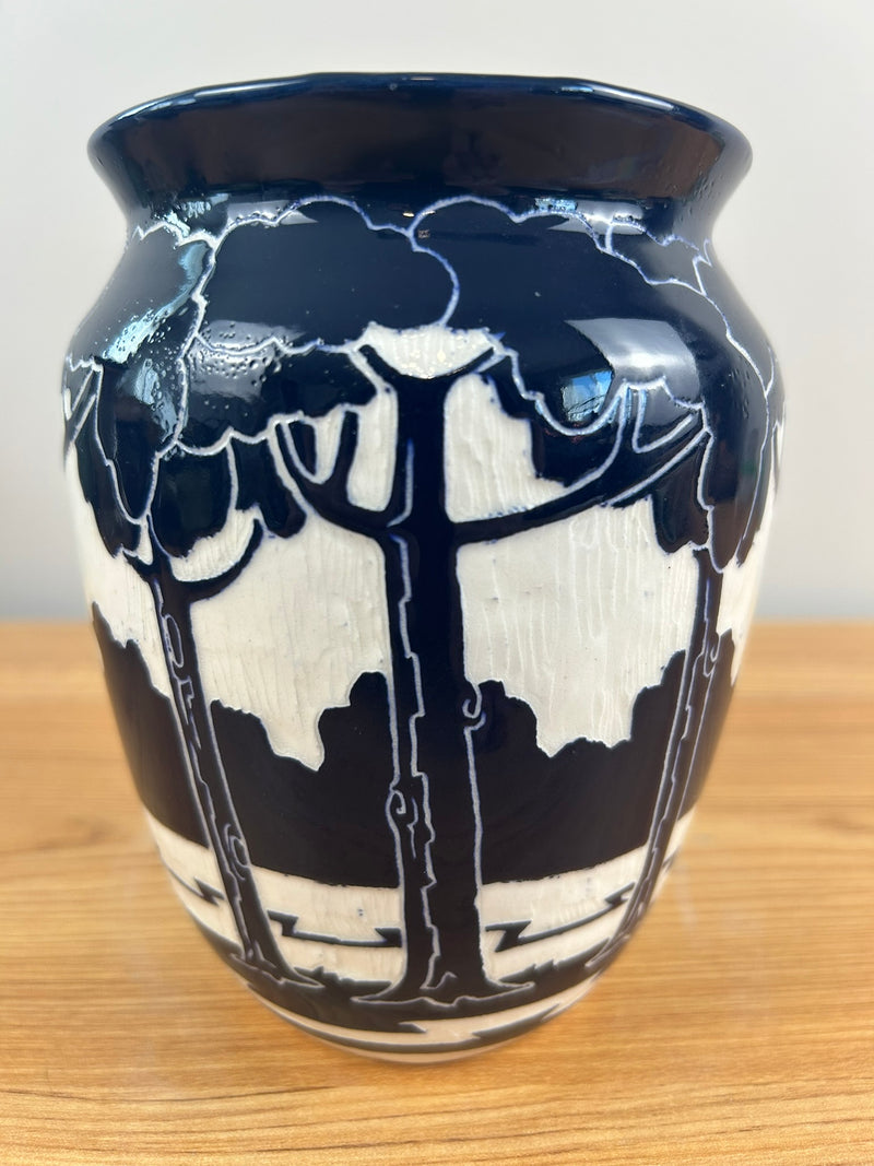 Ken Tracy Studio 2020 Art Deco Pottery Hand Made Scenic Blue White Ceramic Vase
