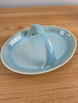 CARILLON POTTERY CERAMIC BASKET 1940'S HANDLE LT BLUE DRIP DISH EMBOSSED FRUIT