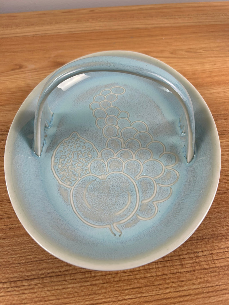 CARILLON POTTERY CERAMIC BASKET 1940'S HANDLE LT BLUE DRIP DISH EMBOSSED FRUIT