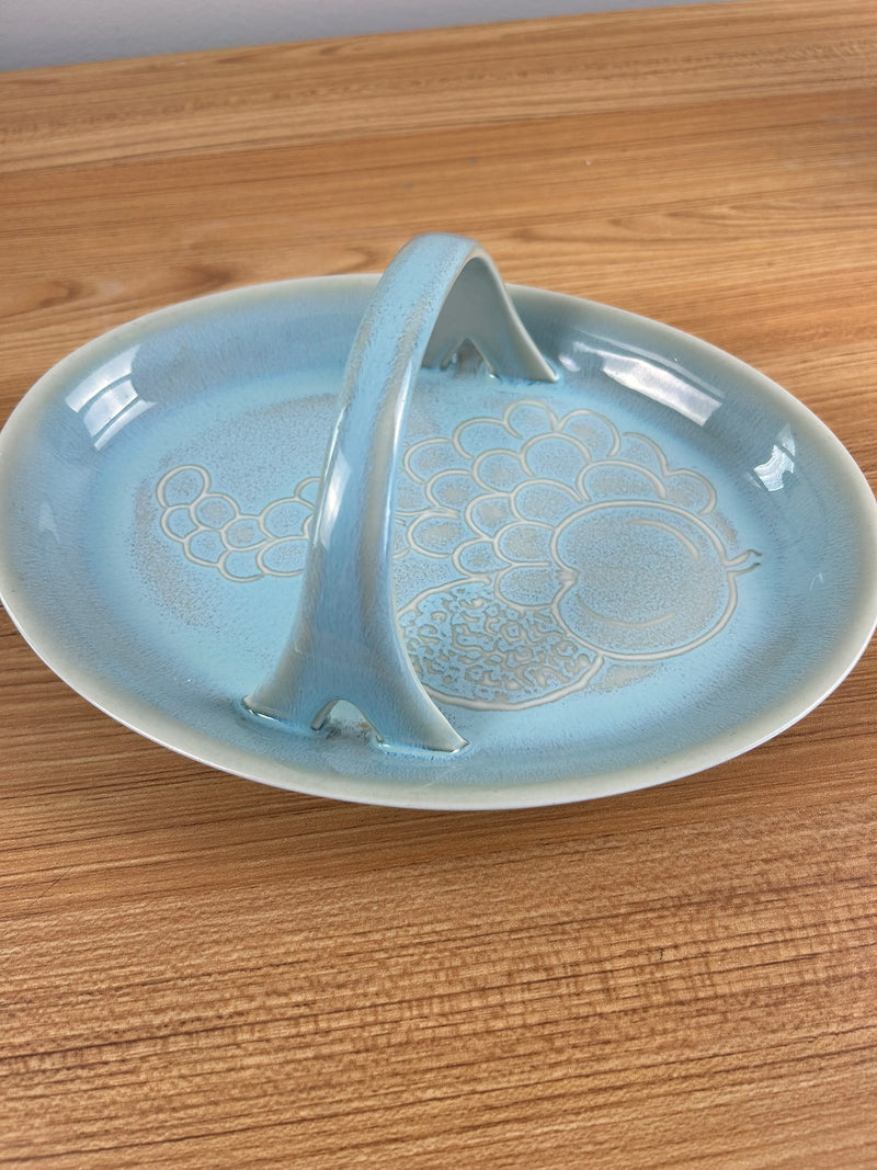 CARILLON POTTERY CERAMIC BASKET 1940'S HANDLE LT BLUE DRIP DISH EMBOSSED FRUIT