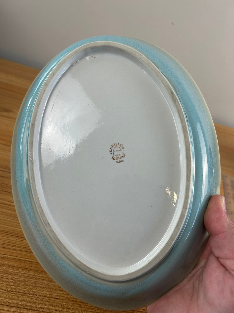 CARILLON POTTERY CERAMIC BASKET 1940'S HANDLE LT BLUE DRIP DISH EMBOSSED FRUIT